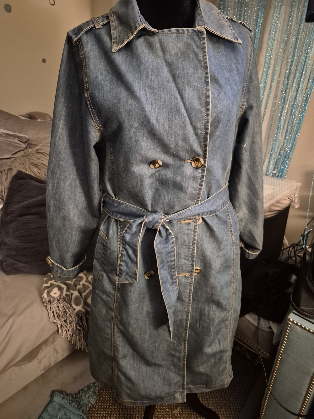 LADIES Denim Trench Coat with Tie Belt